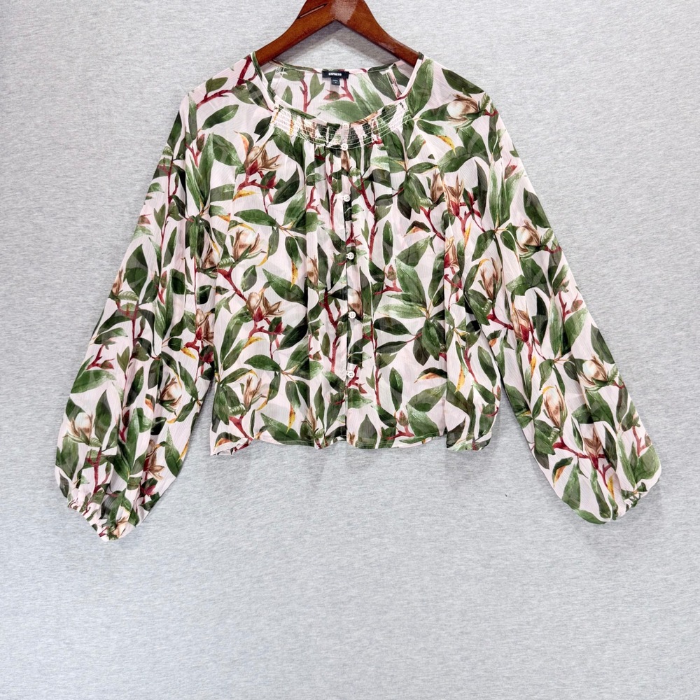 Express Top Womens M Pink Green Floral Leaf Smocked Button Front Cottagecore
